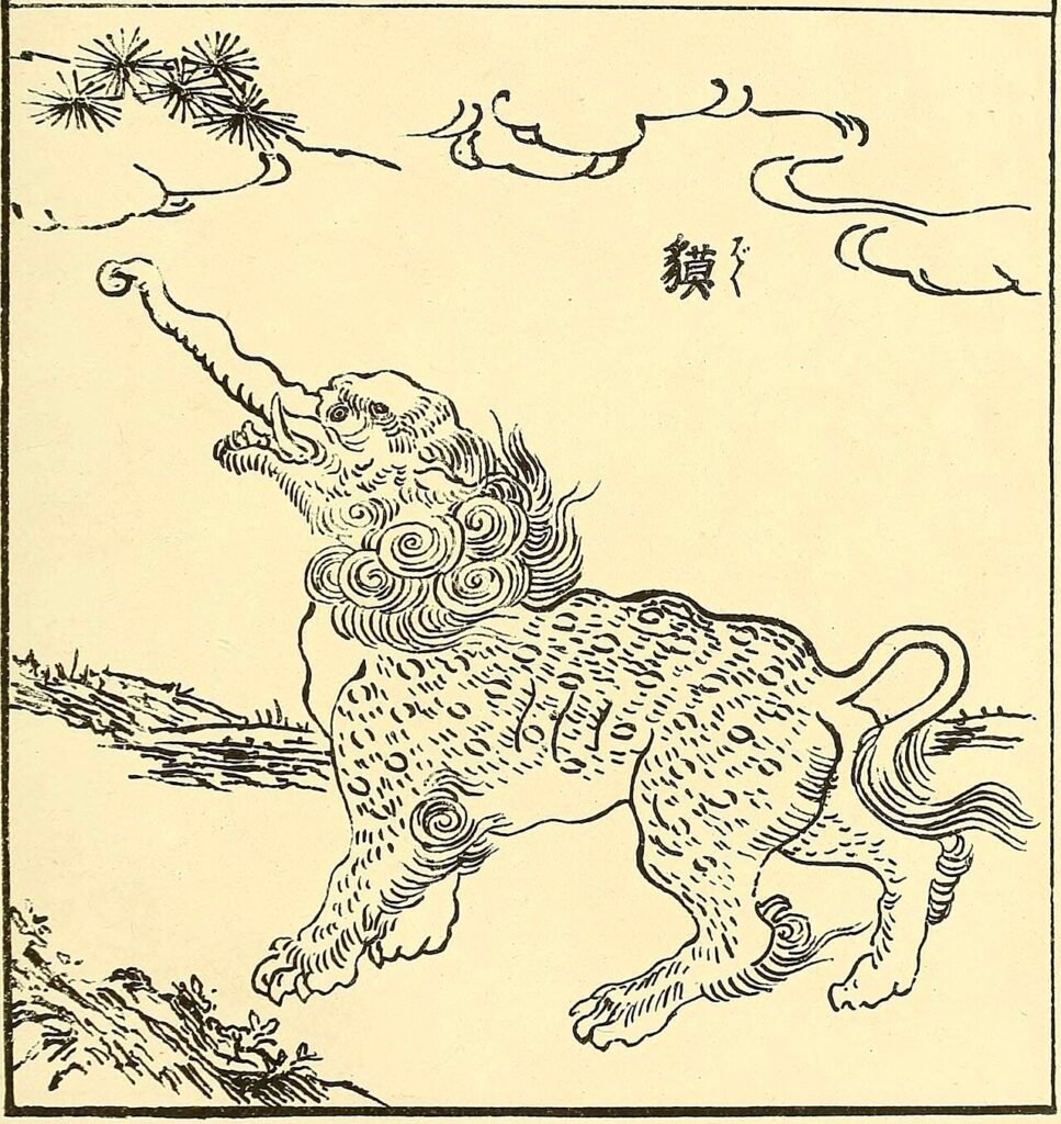 Historical Japanese illustration of a baku with a long trunk, curled mane and spotted body