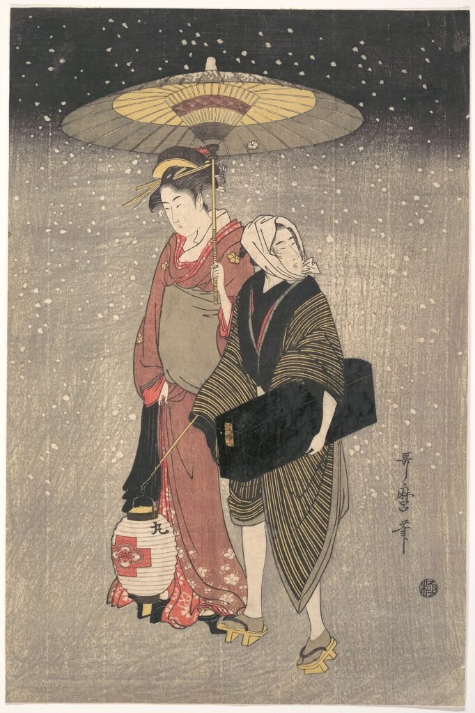 Japanese woodblock print of a geisha walking under an umbrella in snow at night