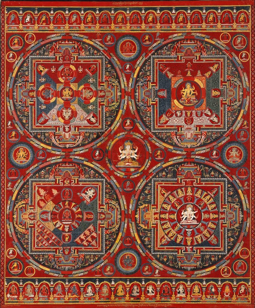 Historical Tibetan painting with four circular mandalas arranged in a red rectangular composition