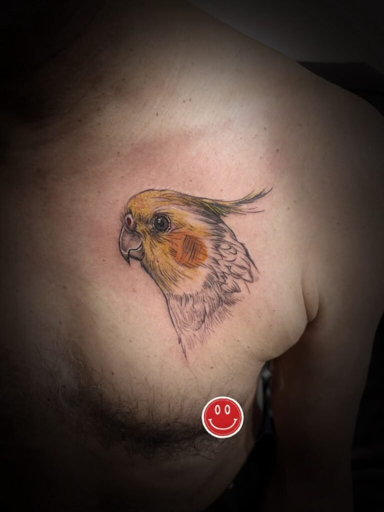Colour cockatiel portrait tattoo showing the crest, beak and feather details on the upper chest