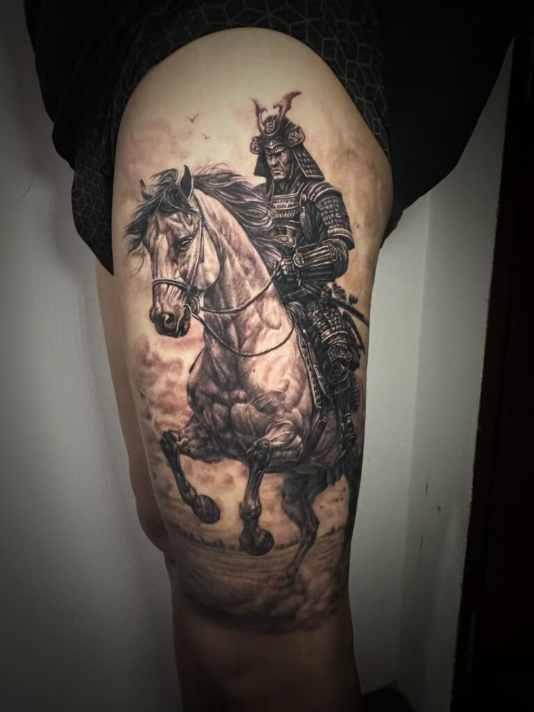 Black-and-grey mounted armoured warrior tattoo on the upper arm