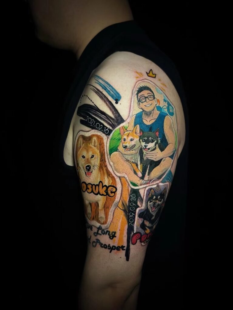 Illustrated portrait and dog motifs combined in a colour upper-arm tattoo